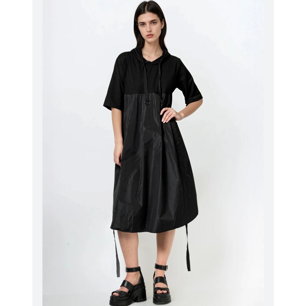 NWT Kate Hewko Black Athleisure Hoodie Lagenlook Knee Length T-Shirt Dress